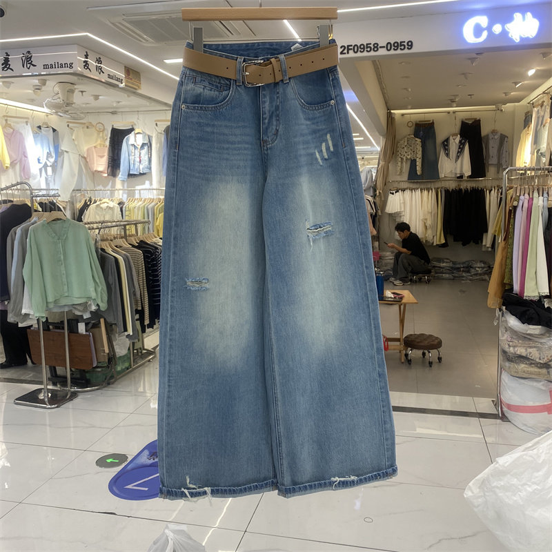 DMJ5380春款复古破洞高腰阔腿牛仔裤女宽松显瘦垂感百搭长裤