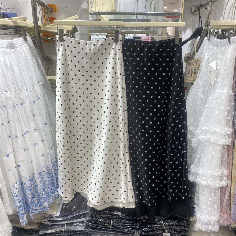 YLMT26013复古波点半身裙女中长款后松紧腰醋酸缎面直筒裙开叉裙