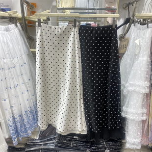 YLMT26013复古波点半身裙女中长款后松紧腰醋酸缎面直筒裙开叉裙