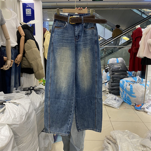 韩版8265春款高腰阔腿牛仔裤女水洗宽松韩国蓝休闲弯刀裤长裤显瘦