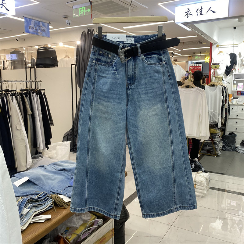 欧货88782春款复古水洗阔腿牛仔裤女七分裤宽松显瘦高腰蓝色裤子
