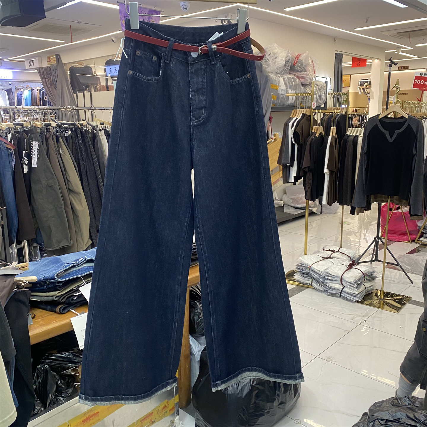 女高腰四面弹显瘦牛仔阔腿裤