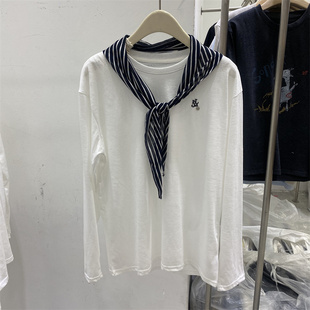 中式2026女春条纹丝巾刺绣长袖T恤白色休闲显瘦打底上衣简约百搭