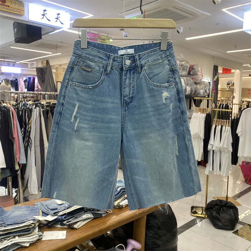 高腰破洞牛仔阔腿七分裤女夏薄