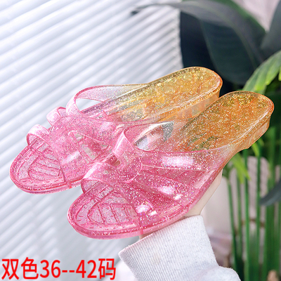 双色塑料胶拖鞋女水晶透明果冻低跟韩版居家用室内夏季天