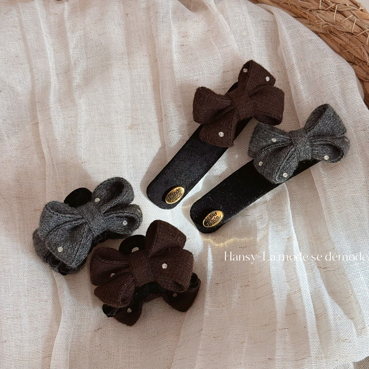 韩系秋冬蝴蝶结发夹波点金标毛线bb夹复古百搭气质刘海小抓夹发饰