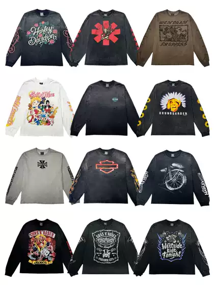 Trendy American Heavy-Duty High-Street Ripped Vintage Red Hot Chili Peppers Vtg Long-Sleeve Distressed Loose T-Shirt