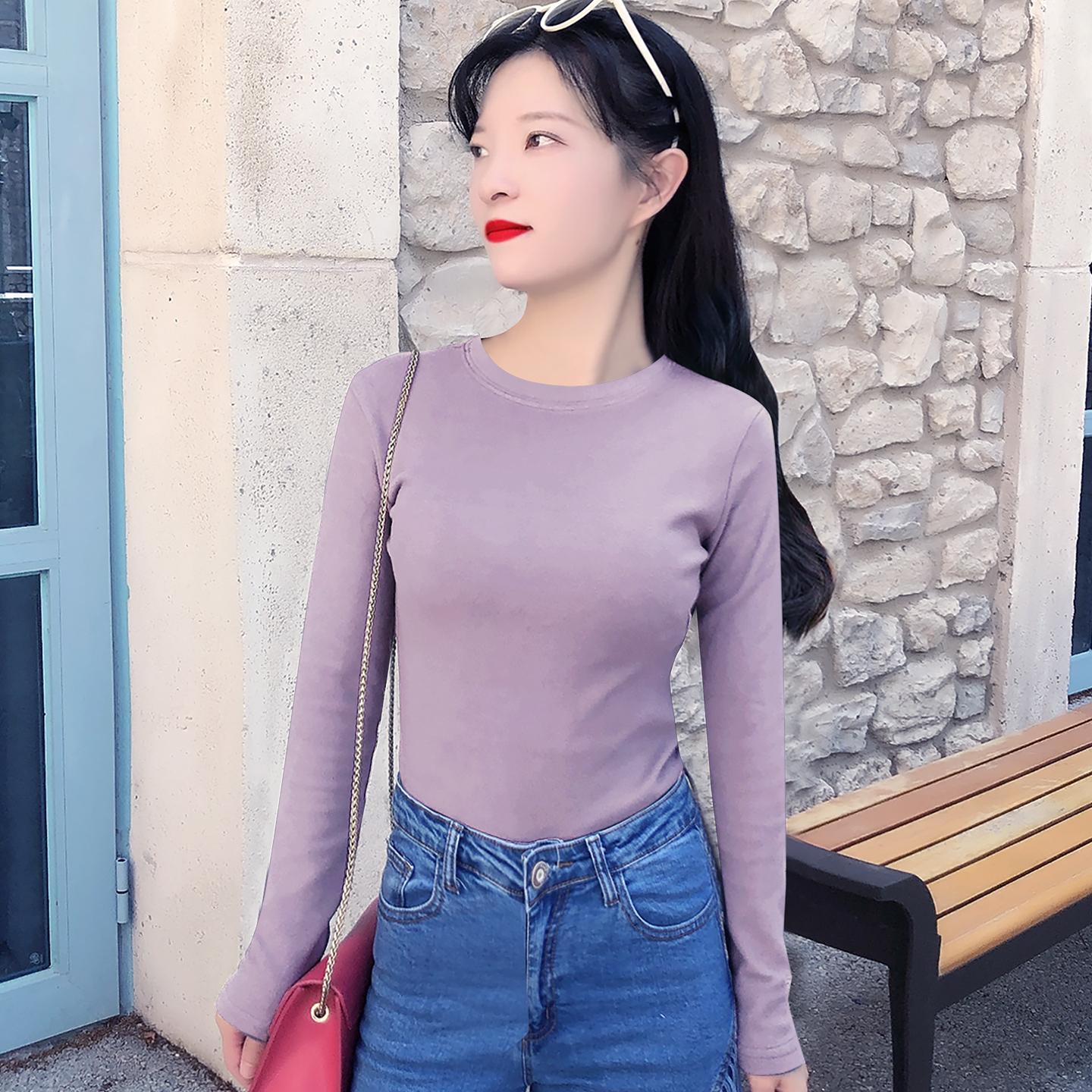 千金风粉紫色长袖T恤上衣打底衫
