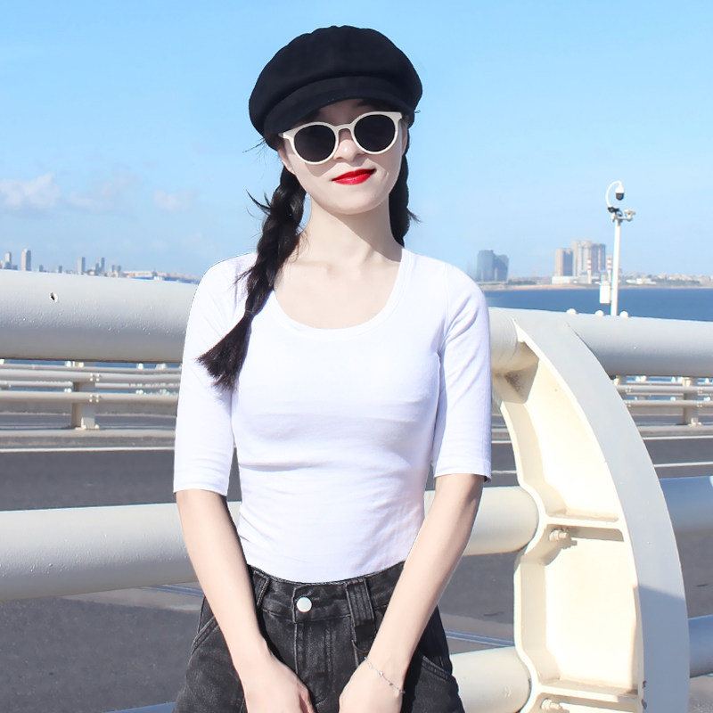灰色打底衫女内搭中袖圆领修身秋冬T恤五分2025新款纯棉长袖上衣