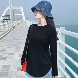 显瘦黑色宽松中长款新款百搭韩版打底衫长袖T恤女冰丝上衣潮牌