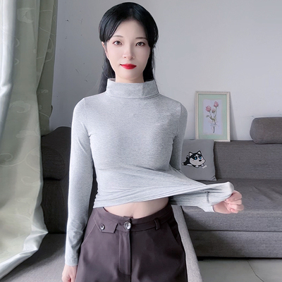 灰色堆堆高领修身纯棉长袖