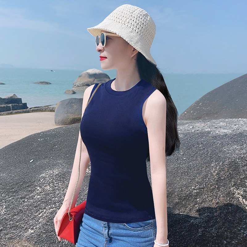 藏青色螺纹弹力棉修身无袖背心女