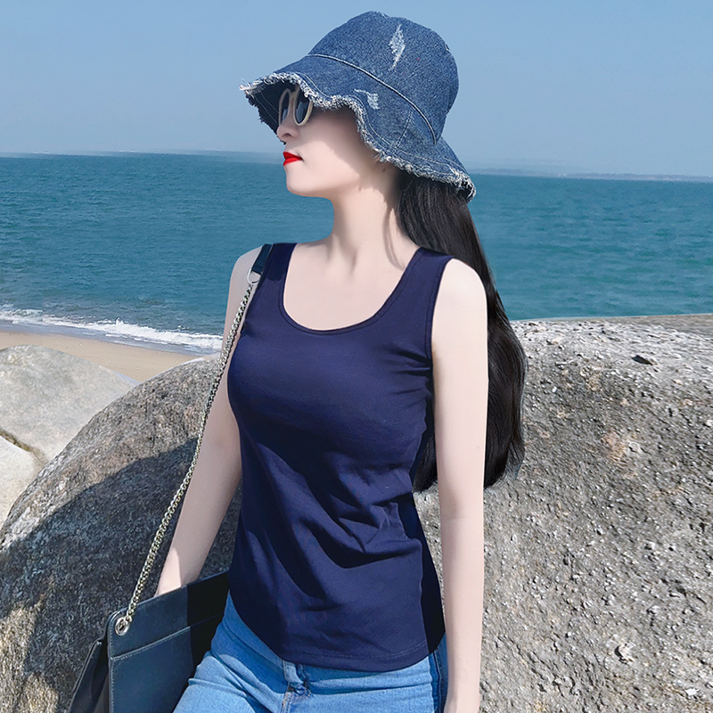 藏青色单U领纯棉无袖修身背心