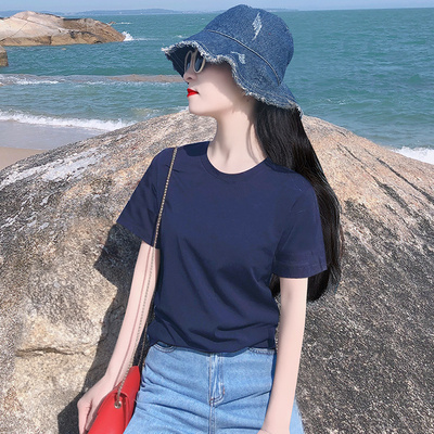 显白藏青色宽松纯棉短袖T恤女