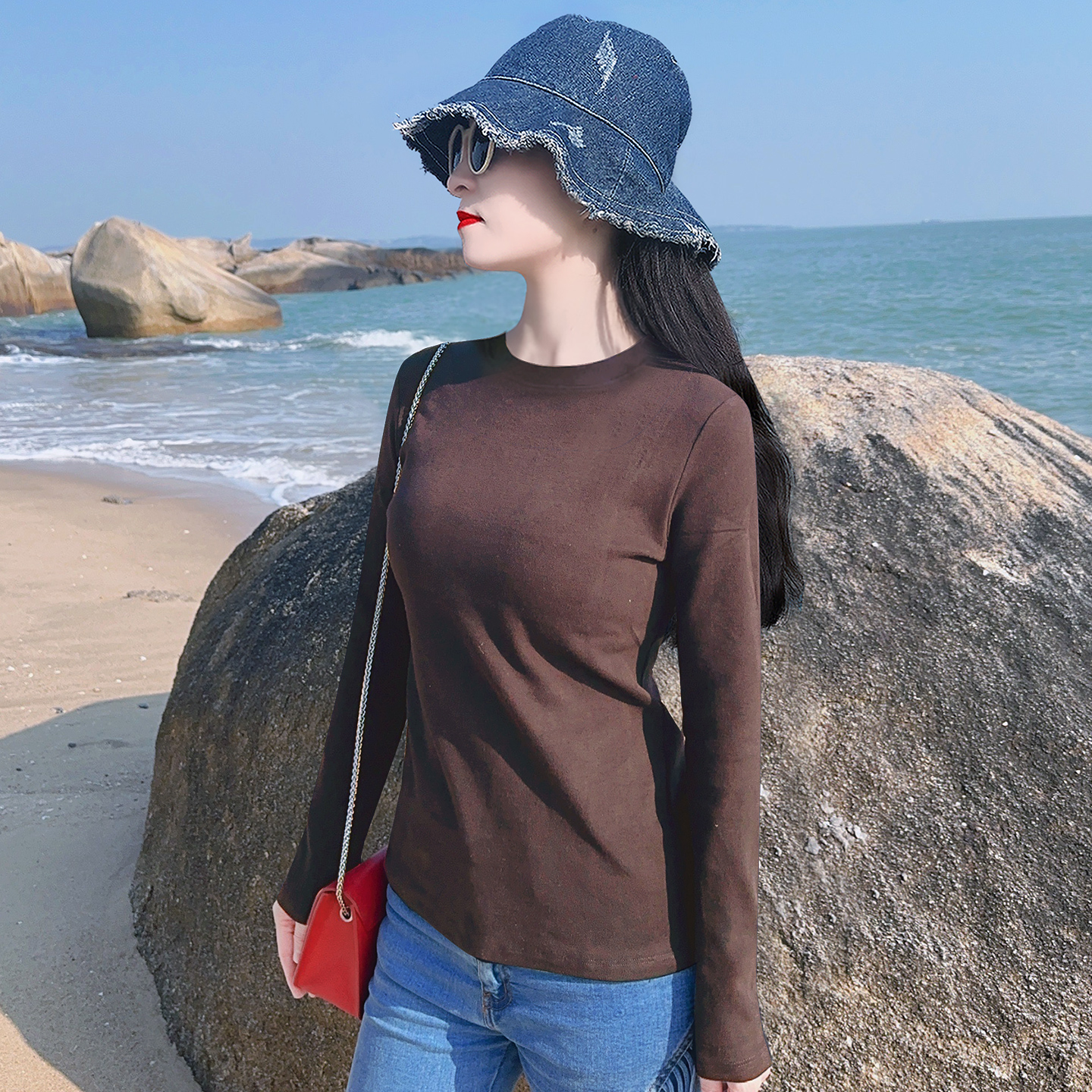 焦糖色加厚纯棉长袖T恤女上衣