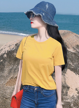 春夏季洋气减龄显白姜黄色宽松纯棉短袖正肩T恤女百搭上衣打底衫
