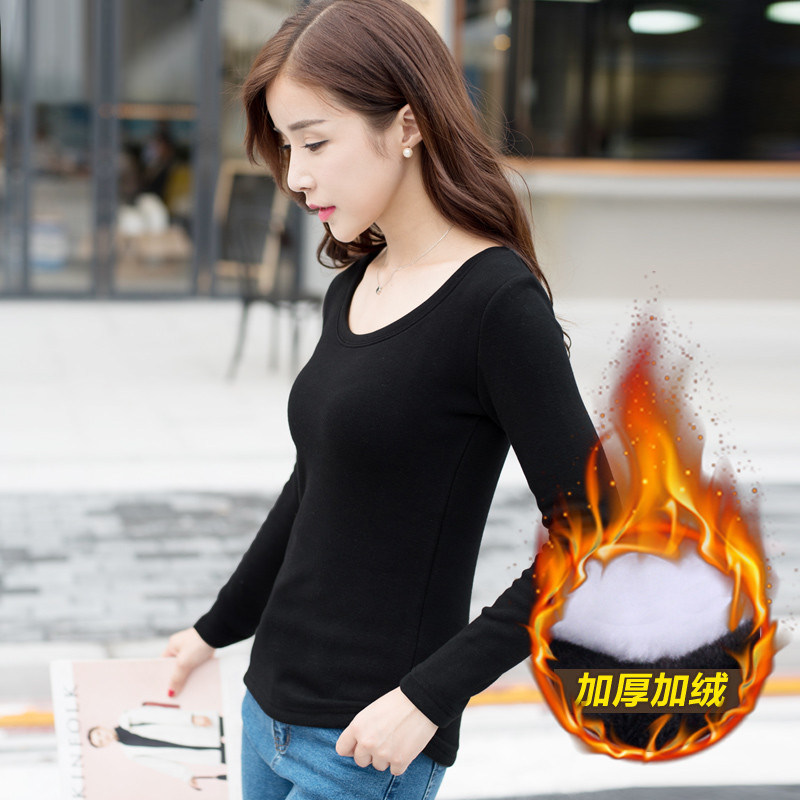 加绒加厚保暖打底衫女秋冬内搭外穿黑色圆领长袖内衣修身上衣百搭,女装/女士精品,T恤,淘宝优惠券,粉丝福利购,淘宝优惠卷