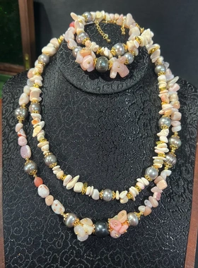 波西米亚巴洛克珍珠贝壳珍珠彩色碎石ins项链女天然石项链夏季饰