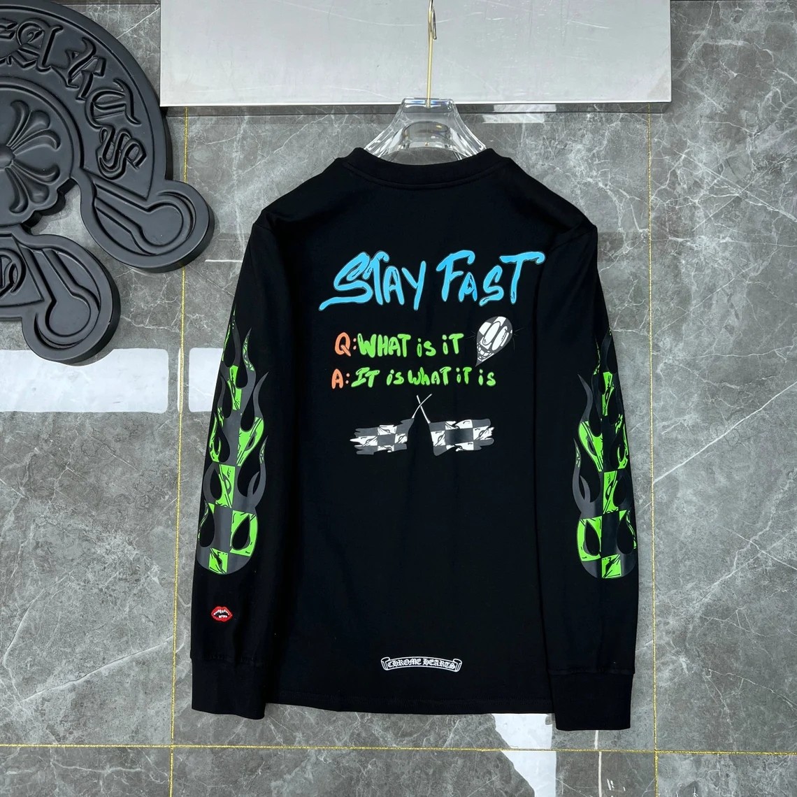 stay fast vingate古着感火焰袖字母涂鸦打底长袖t恤男女慵懒风