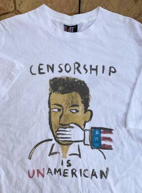 vantage古着感手绘插画讽刺短袖宽松oversize欧美人像漫画印花T恤