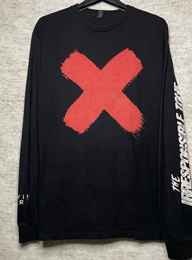 oldschool美式复古红色错号颓废风打底上衣潮男女情侣款长袖t恤