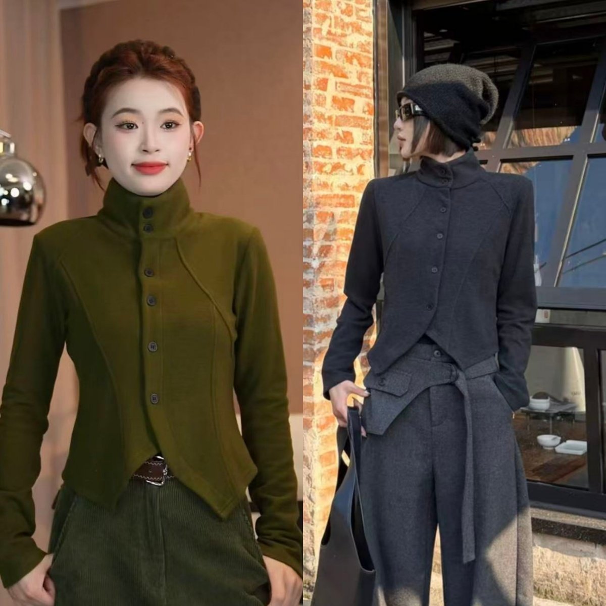 立领正肩双面德绒打底衫T恤女2025秋冬新款修身保暖单排扣上衣厚