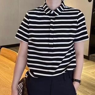 欧货夏季经典横条纹polo衫短袖t恤女设计感小众宽松百搭显瘦上衣