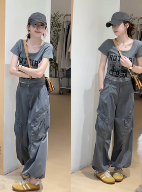 夏季穿搭一套灰色字母短袖t恤上衣+百搭休闲工装裤子两件套女休闲