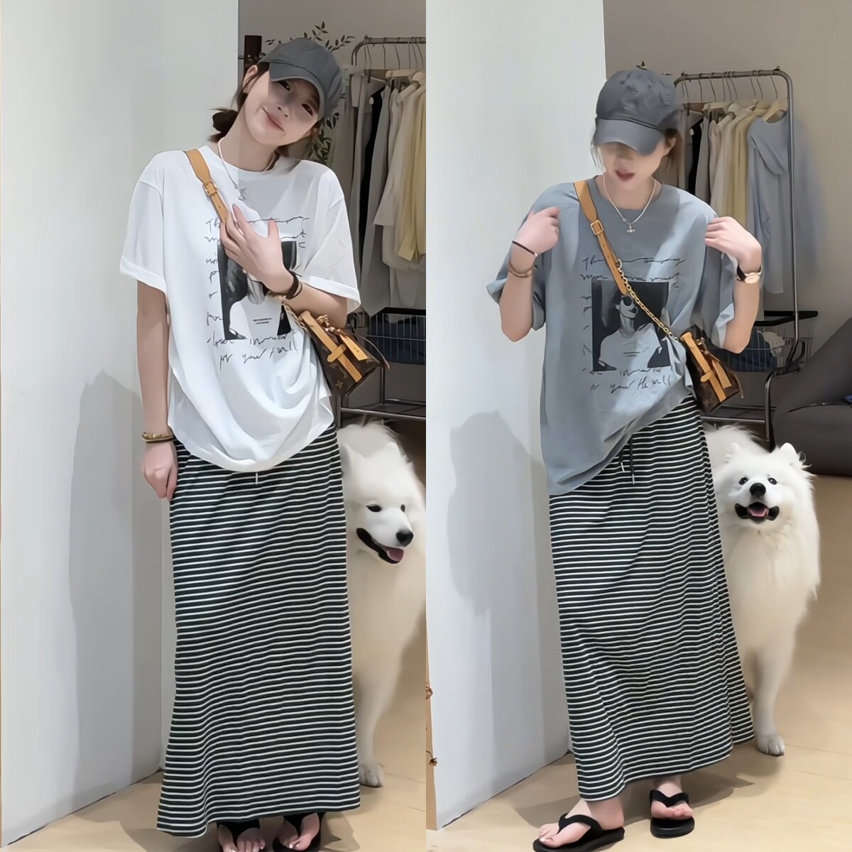 夏日度假风套装韩系卡通印花短袖t恤上衣+休闲条纹半裙两件套宽松