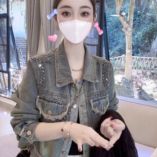 豆子重工做旧钉珠毛边牛仔外套女2025年春夏新款复古港风短款上衣
