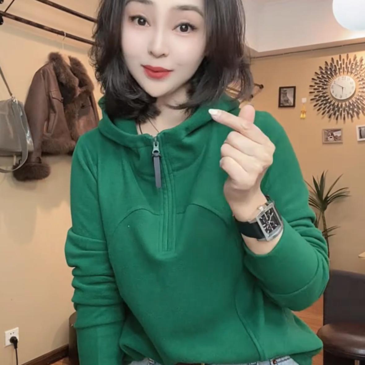 艾妮半拉链连帽双面德绒卫衣女冬季2024新款保暖宽松漂亮打底上衣