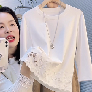 欧货蕾丝拼接长袖t恤女士衫2025春夏新款时尚百搭休闲打底上衣潮