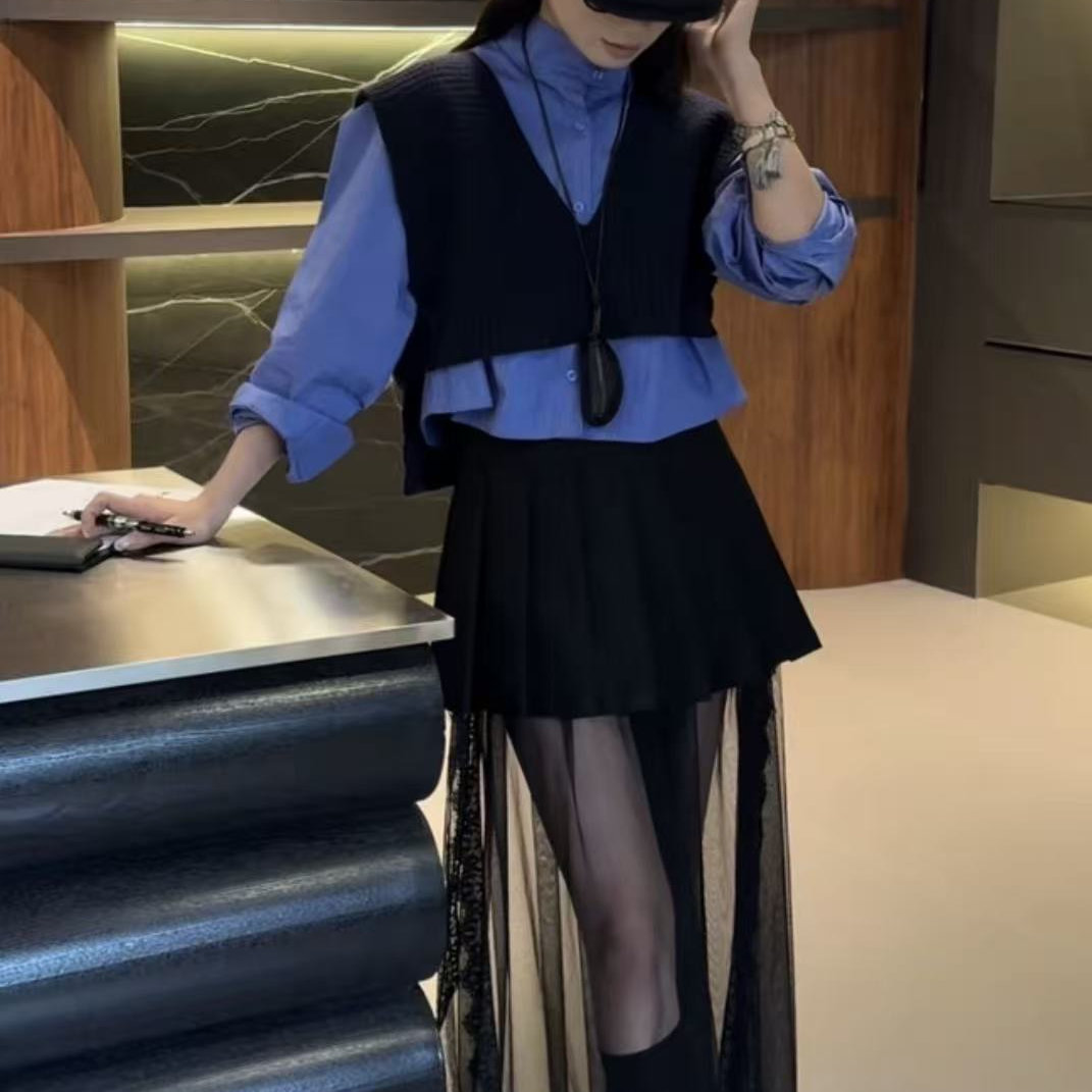 好看套装裙2025早秋新款洋气真两件衬衫拼接针织上衣百搭显瘦纱裙