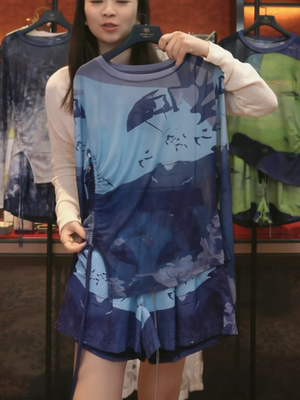 速干扎染网沙运动套装女抽绳收腰长袖上衣短裤休闲两件套防晒夏季