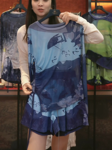 速干扎染网沙运动套装女抽绳收腰长袖上衣短裤休闲两件套防晒夏季