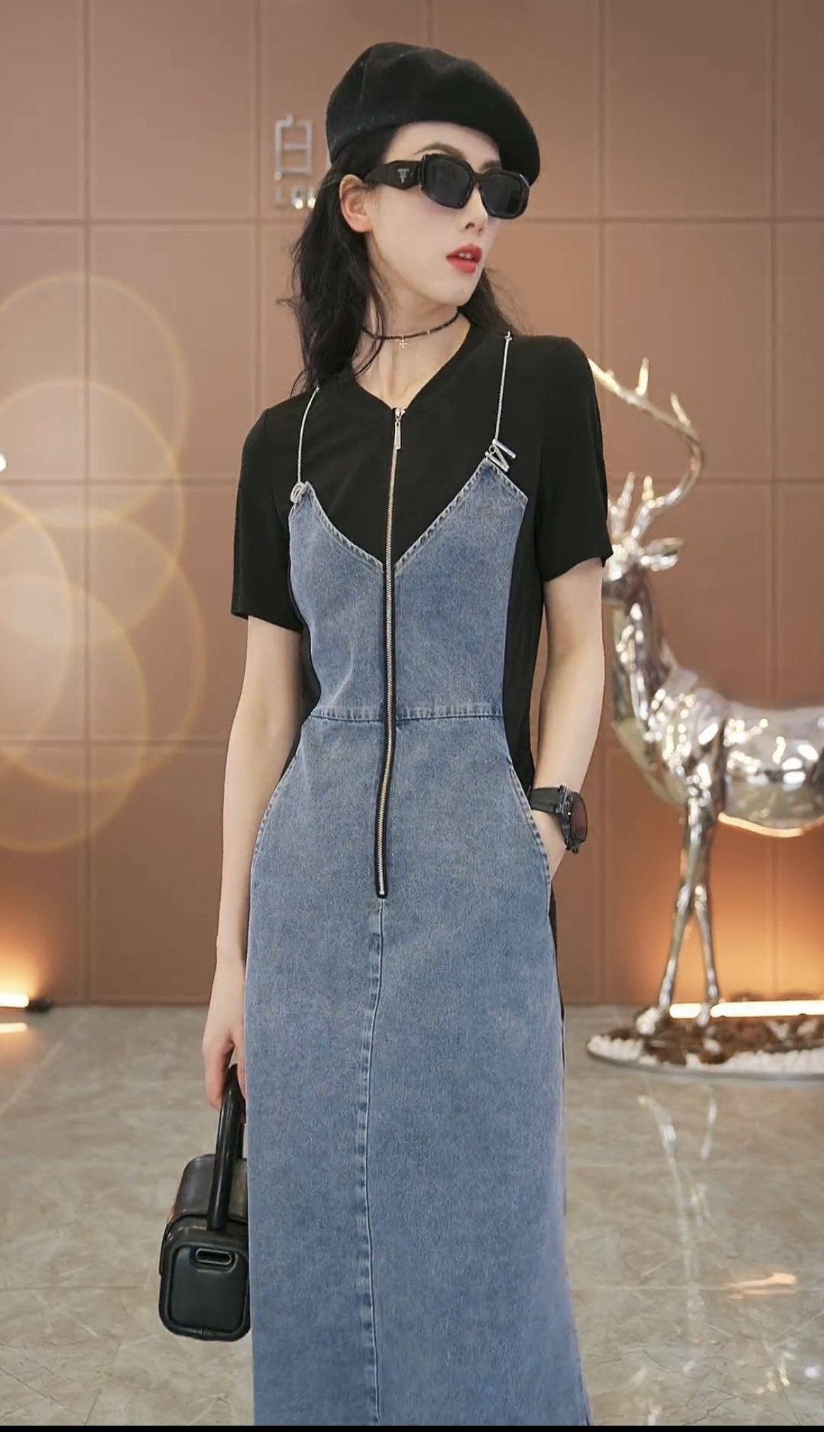 半拉链V领拼接牛仔连衣裙女
