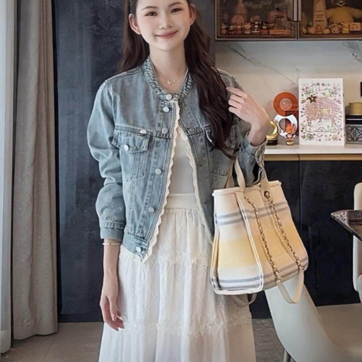 韩系蕾丝花边拼接圆领牛仔外套女2025早春新款港风复古短款上衣潮