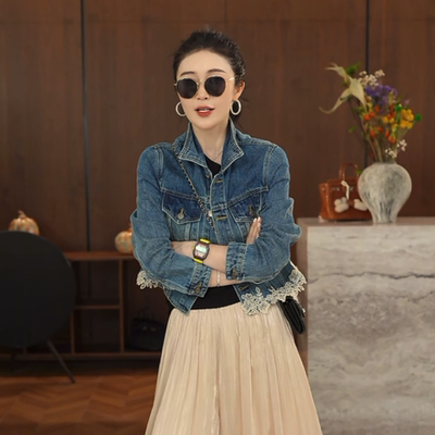 单宁复古蕾丝拼接牛仔外套女2026春夏新款时尚百搭宽松夹克上衣潮