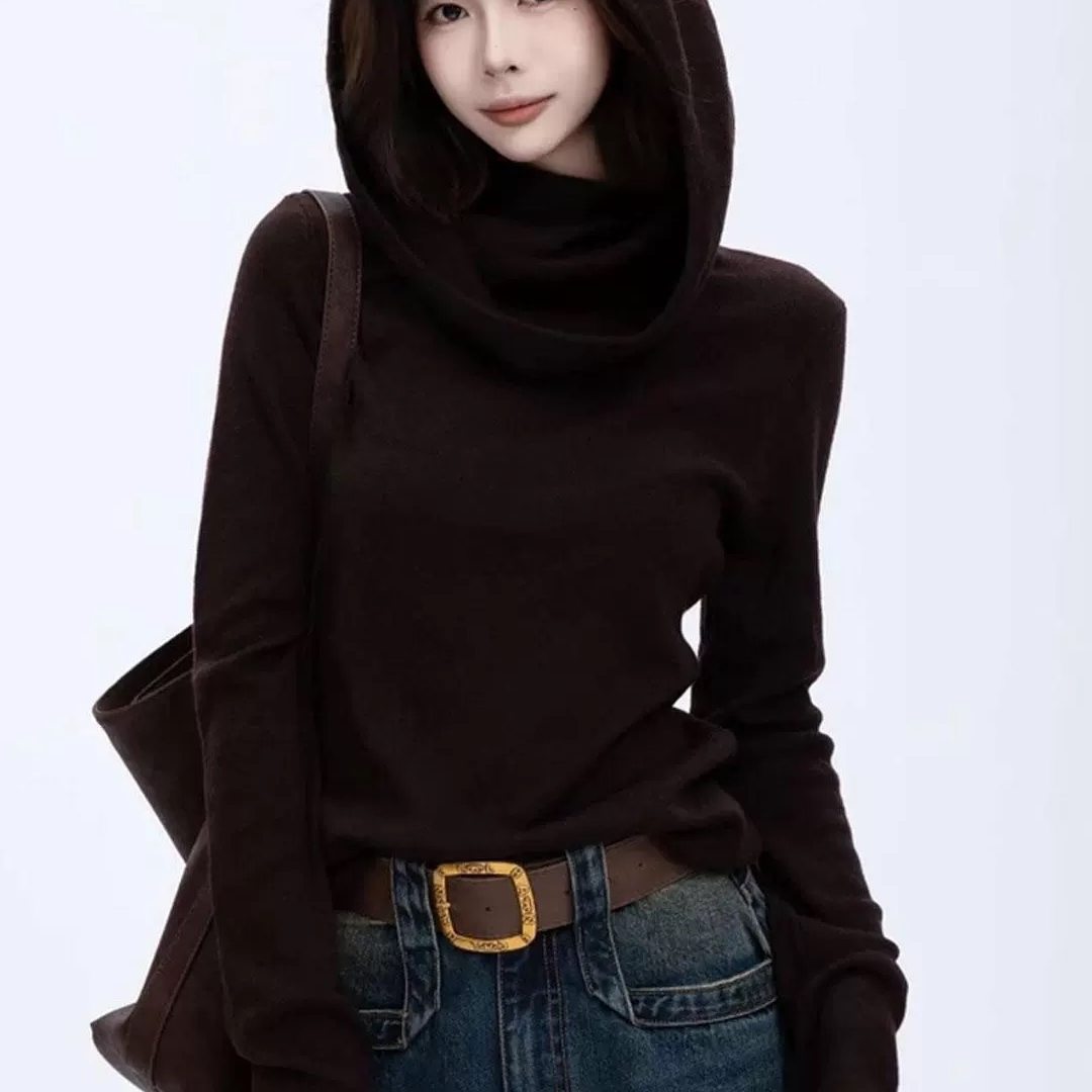 修身长袖打底大帽衫上衣2025秋款