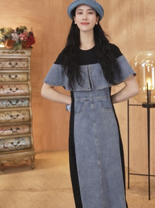 荷叶边拼接假两件牛仔连衣裙女2026夏季新款气质显瘦中长撞色裙子