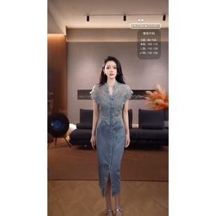 国风蕾丝拼接牛仔连衣裙女收腰显瘦中长开叉裙2026夏季薄款软糯裙