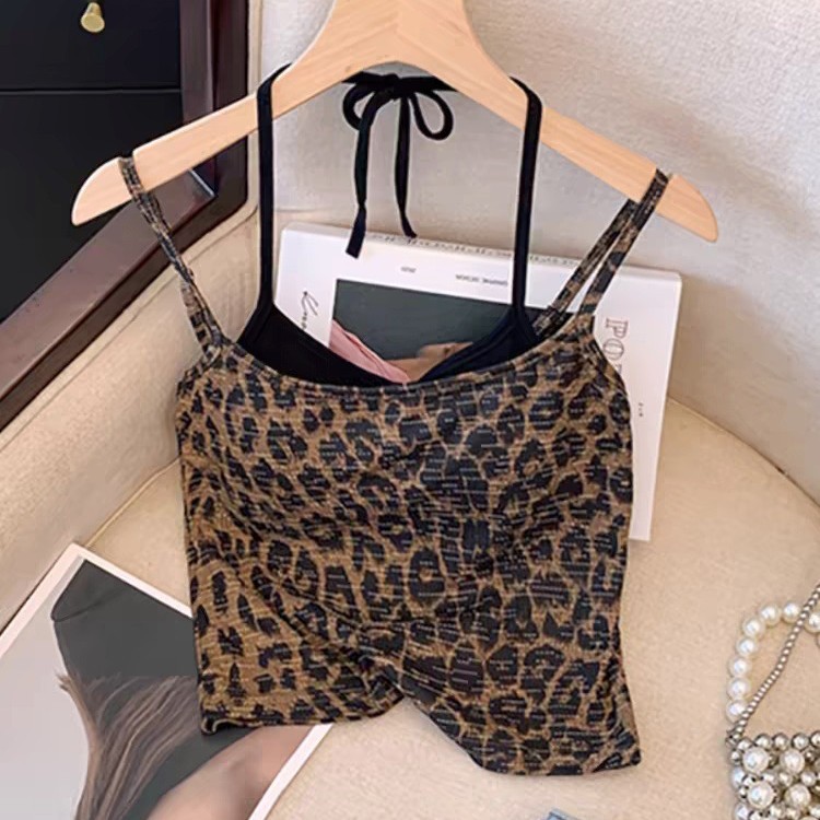 复古假两件豹纹吊带背心女外穿