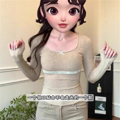 纯欲风蕾丝花边拼接长袖t恤女带