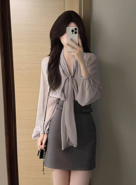 高级感紫色飘带领蝴蝶结衬衫+字半身裙套装早秋新款