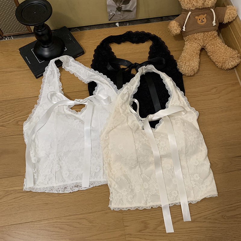 纯欲风蕾丝花边挂脖露背吊带背心