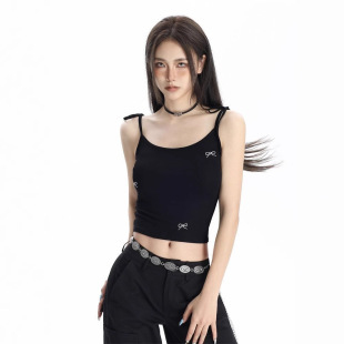 刺绣上衣潮 辣妹蝴蝶结吊带背心女2025新款 黑色泰式 小吊带修身 短款