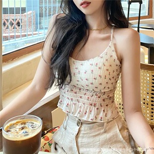甜美碎花吊带背心女内搭带胸垫抹胸外穿短款 法式 美背上衣ins超火