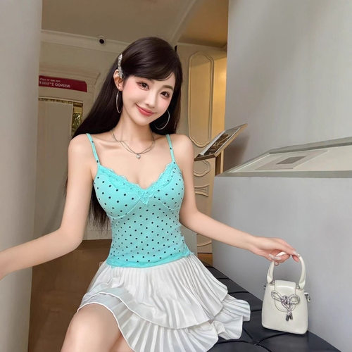 辣妹蕾丝拼接波点吊带背心女夏季