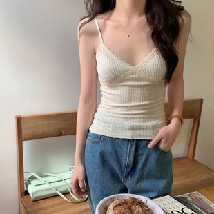 外穿修身 性感內搭上衣 夏季 蕾絲v領小吊帶背心女帶胸墊2024年新款