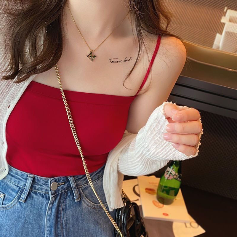 红色吊带背心女带胸垫内搭外穿